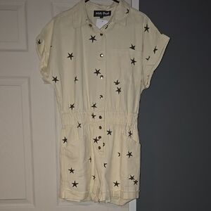 Cream Star-Patterned Button-Up Romper